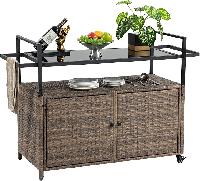 Outdoor Kitchen Island Wicker Rattan Bar Table, Glass Top Patio Serving Cart Rolling Bar Cart with 2-Tier Shelf & Cabinet for Patio Poolside Party (Light Brown)