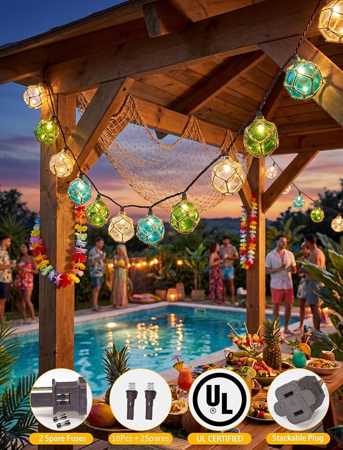 8.5Ft 10L Nautical Fish Float String Lights，Plug in Beach Themed Buoy Light | 1 Pack Fish Net, Connectable, Wall Hanging Fairy Lights for Indoor Home, Outdoor Patio Decorations - Blue/Green/White