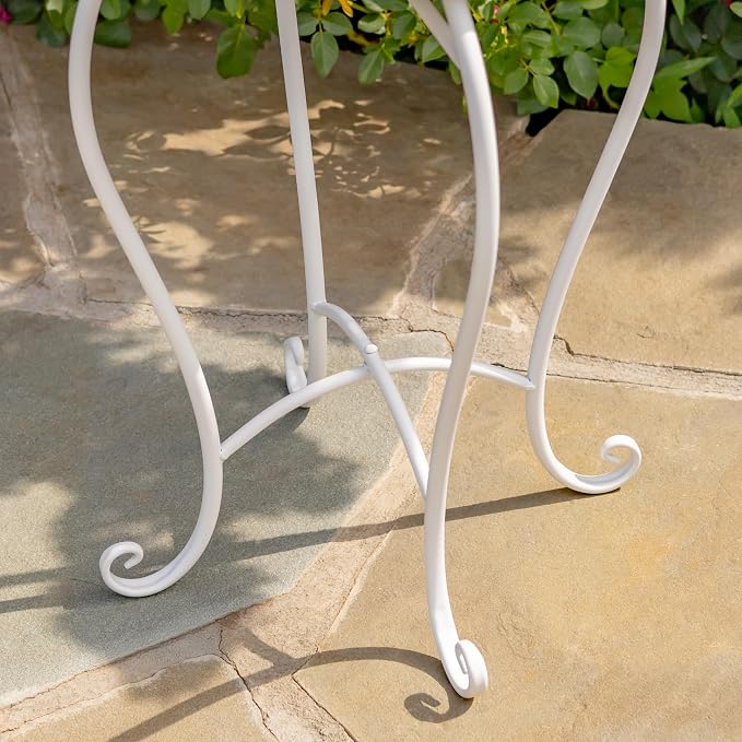 Zaer Ltd. Mosaic Tile Furniture with White Metal Frame and Patterned Tile Tops (Cape May - White/Blue, Pedestal Plant Stand)