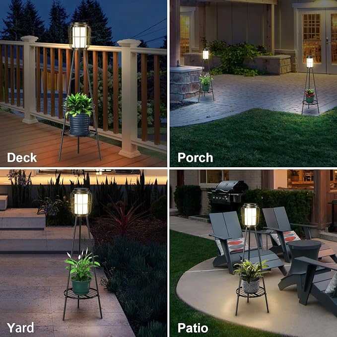 VISFLAIR 2 Pack Solar Lights with Plant Stand, Outdoor Floor Lamps, Waterproof Solar Powered Floor Lamps for Patio Deck Porch Yard Garden Decor