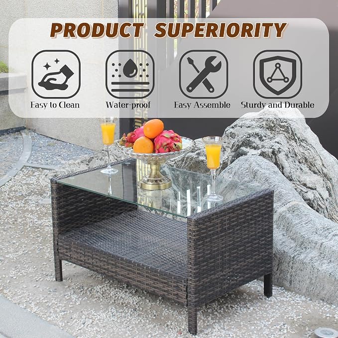 Outdoor Rattan Patio Side Tables, Wicker Table with Clear Tempered Glass Top, Patio End Tables with Storage Shelf, Outdoor Small Tables for Patio,Porch,Balcony,Backyard (Brown, 34.60 Inch)
