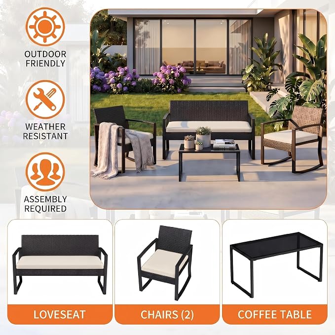 IDEALHOUSE 4 Piece Outside Patio Furniture Set, Outdoor Wicker Rocking Chair Conversation Set with Glass Coffee Table, PE Rattan Patio Furniture for Backyard, Porch, Patio, Poolside