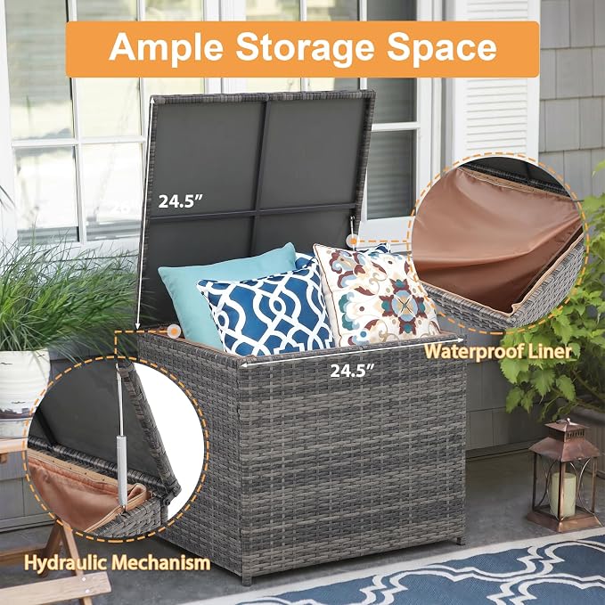 Super Patio 8 Pieces Outdoor Patio Furniture Set with 45” Fire Pit Table, Rattan Patio Conversation Sets with 50000 BTU Gas Fire Pit, Wicker Sectional Sofa Set with Storage Box, Gray (Without Table)