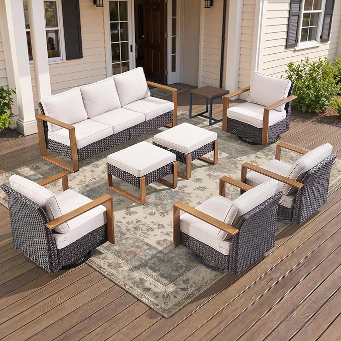 8-Piece Outdoor Patio Furniture Set with 4 Swivel Chairs, All-Weather Wicker Sofa Set for Garden, Yard, Porch and Poolside Seating Beige