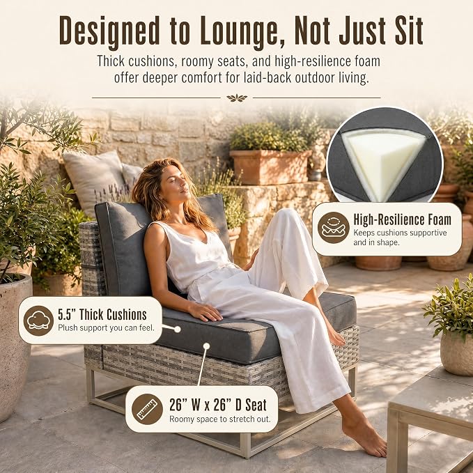 6-Piece Outdoor Patio Furniture Set, Modern PE Wicker Outdoor Sectional Sofa with Storage Armrests & 5.5" Thick Cushions, L-Shaped Couch for Deck, Porch, Backyard, Charcoal Gray