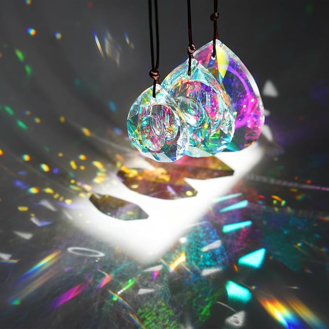 Window Hanging Crystal Prisms Sun Catcher AB Coating Rainbow Maker Glass Prisms Hanging Suncatcher Pendant for Home Garden Decor,76mm/63mm/50mm Chandelier Prism Parts, Pack of 3 | AB Coating Crystal Prism Suncatcher Set 3 Sizes for Chandelier Window Ga...