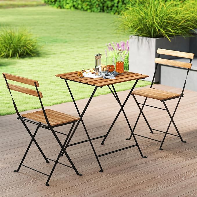 Tangkula 3 Pieces Patio Dining Set, Outdoor Square Table and Folding Chairs with Metal Frame, Space Saving Furniture Set for Yard Porch Deck Backyard
