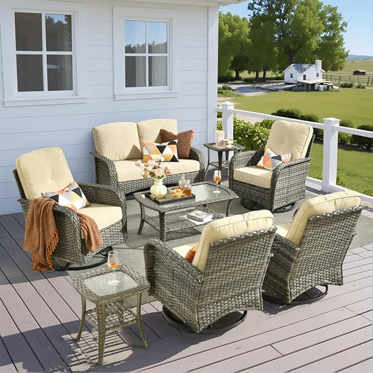 8 Pieces Outdoor Patio Furniture Set with Coffee Table, All Weather Wicker Patio Conversation Sets with Rocking Chairs, Balcony Furniture Sets for Backyard, Garden, Poolside, Beige