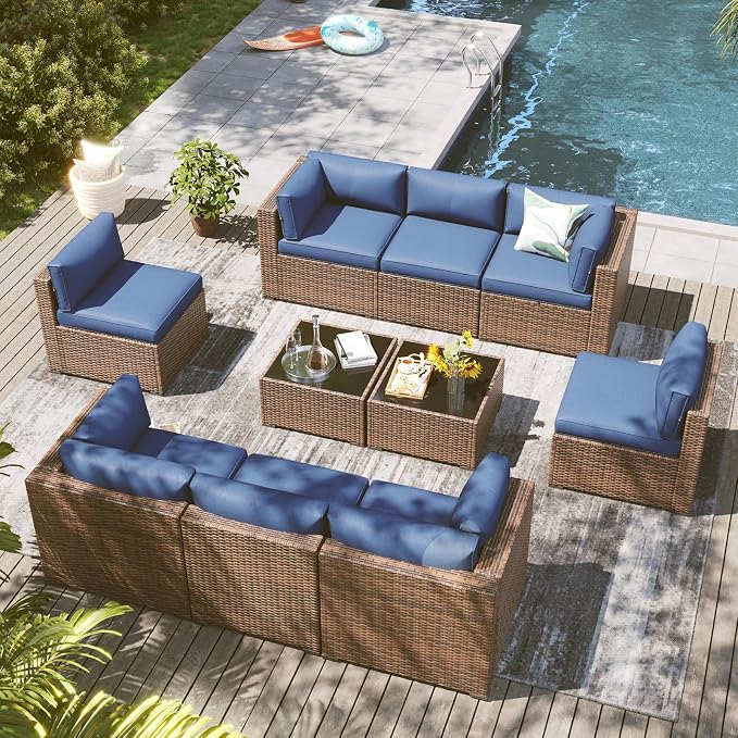 LazySunsets 10 Piece Outdoor Patio Furniture Set with Coffee Table, Outdoor Patio Furniture Sets with 4'' Thicken Cushion, Wicker Rattan Outdoor Conversation Set for Backyard, Blue