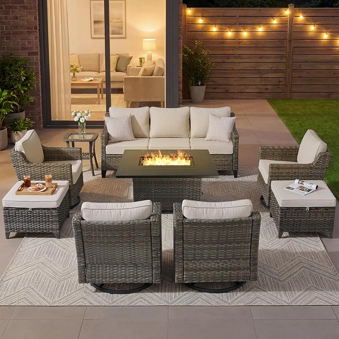 Outdoor Furniture Set of 9, Patio Sofa with Luxury 4" Cushion, Wicker Swivel Rocker Patio Chairs, and Fire Pit Table, High Back&Deep Seat for Garden Deck Porch Balcony Backyard - Beige