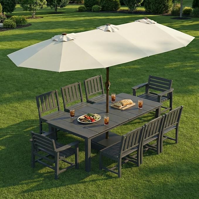 9-Piece Outdoor Dining Set with 15FT Umbrella for 8,Gray | HDPE table, chairs included, aluminum frame, weather-resistant furniture, perfect for yard, lawn, garden, deck
