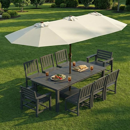 9-Piece Outdoor Dining Set with 15FT Umbrella for 8,Gray | HDPE table, chairs included, aluminum frame, weather-resistant furniture, perfect for yard, lawn, garden, deck