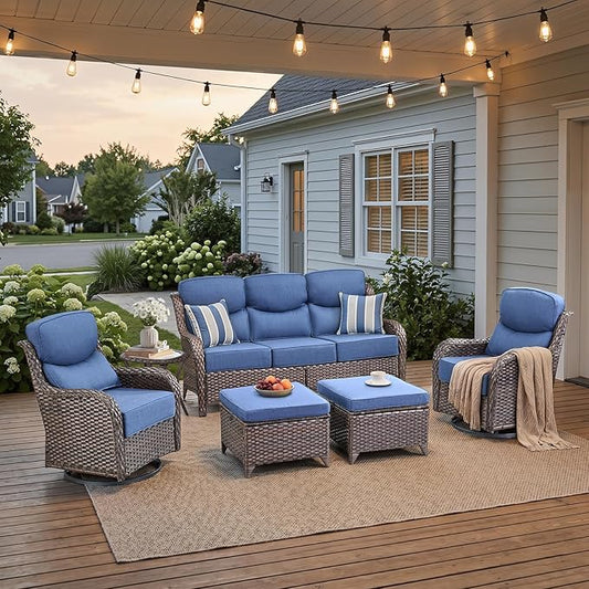 Luxury High Back Patio Furniture Set with 6-Inch Thick Cushions, 6-Pieces Outdoor Furniture with Swivel Chairs &Side Table, Wicker Conversation Set for Porch, Balcony, Deck and Yard, Brown/Blue