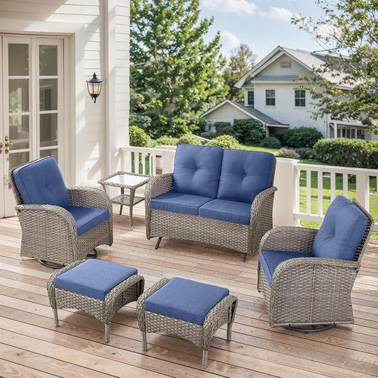 6 Pieces Patio Wicker Furniture Set-Outdoor Swivel Chairs Set of 2 Outdoor Glider Love seat with Outdoor Footstool Patio Furniture for Deck Porch Garden Balcony Poolside-Grey/Blue