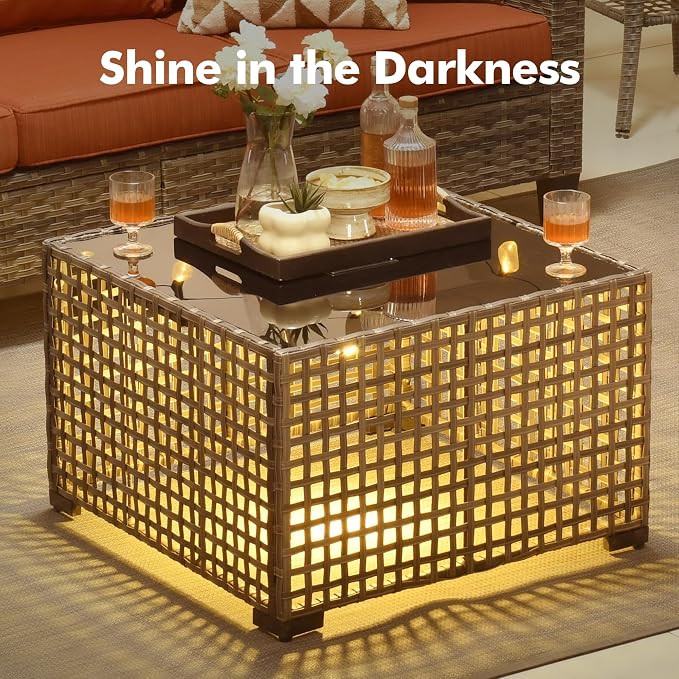 6-Piece Outdoor Patio Furniture Set with Glowing Coffee Table,All Weather Wicker Rattan Patio Seating Sofa and Chair Set with Ottomans,Outdoor Conversation Sets for Porch Deck Yard,Red