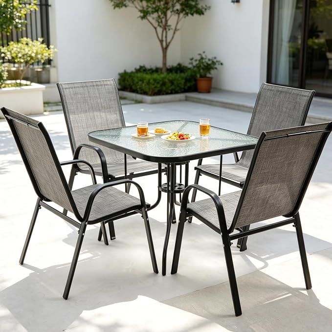 Patio Dining Table for 4 with Umbrella Hole, Outdoor 5 Piece Dining Set 36" x 36", Black, for Garden Backyard Poolside Front Proch Outside