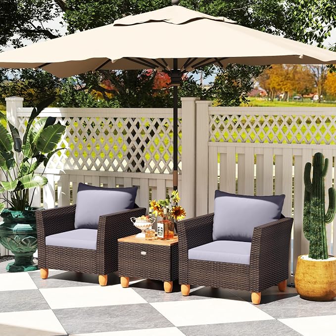 Tangkula 3-Piece Patio Furniture Set, Patiojoy Outdoor PE Wicker Bistro Set with Soft Cushions and Solid Acacia Wood, Outdoor Conversation Set with Porch, Balcony and Garden (Gray)