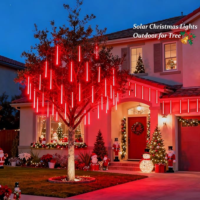 JMEXSUSS Red Solar Christmas Lights Outdoor, 8 Tube 144 LEDs | Solar Meteor Shower Rain Lights, Red Twinkle Light for Tree Eaves Fence Christmas Decorations