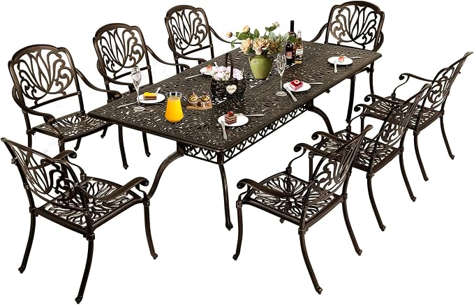 TITIMO 9-Piece Cast Aluminum Patio Furniture Set, Outdoor Patio Dining Set Bistro Conversation Set, All-Weather Rectangular Dining Table Set w/Umbrella Hole (Bronze-Fixed Elizabeth Chair, 9 Pcs)