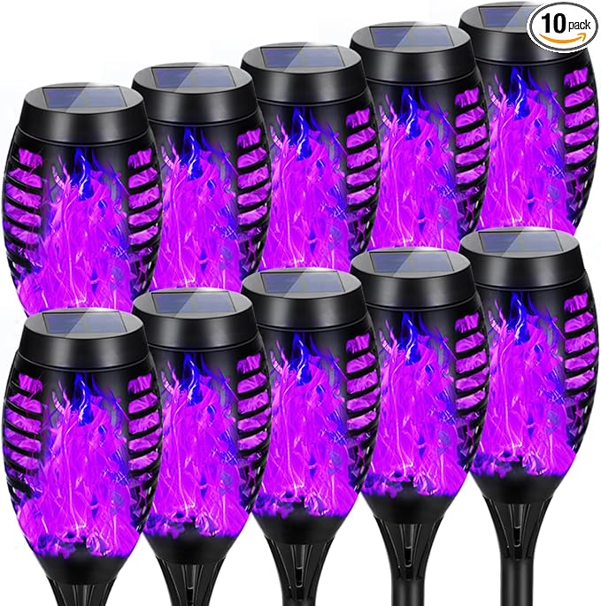 Purple Halloween Solar Lights Outdoor with Flickering Flame, 10 Pack | Halloween Decorations Solar Torch Lights, Waterproof Solar Halloween Lights Tiki Torches for Outside Patio Pathway Yard Decor