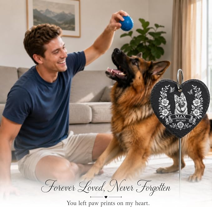 Personalized Pet Memorial Garden Stone for Dogs Cats - Dog Photo Memorial Natural Stone with Garden Stake, Condolences Sympathy Gift for Dog Lovers, Pet Loss Gifts, Waterproof for Indoor & Outdoor