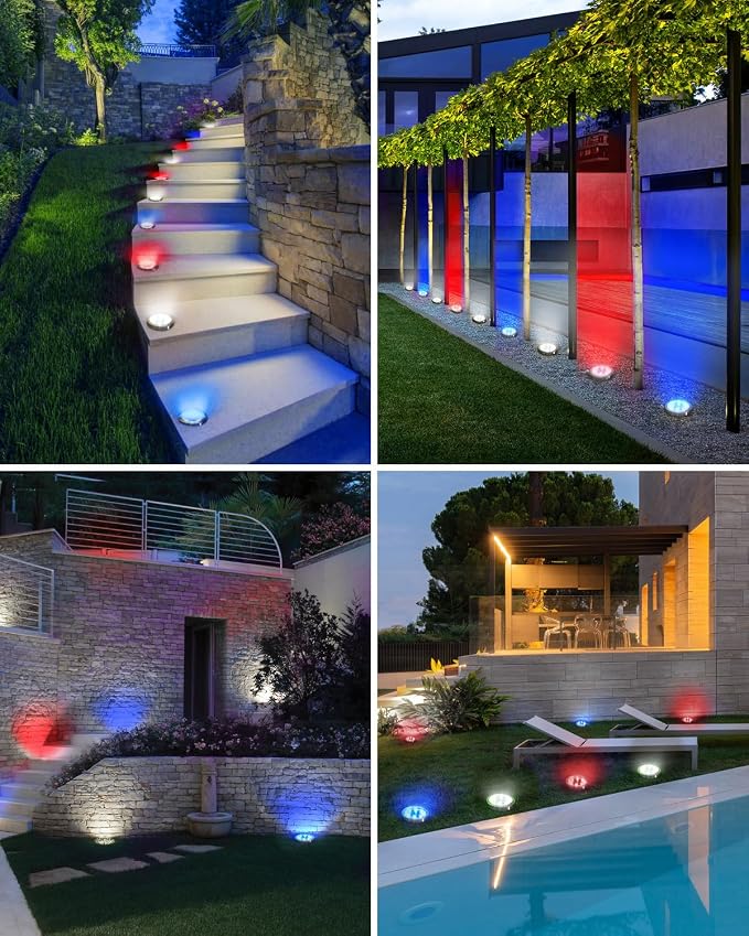 btfarm 24 Pack Solar Lights Outdoor, 8 LED Solar Ground Lights IP65 Waterproof Flat Solar Disc Light, Pathway Lights for Garden Lawn Yard Christmas Decorations, Red+Blue+Cool White