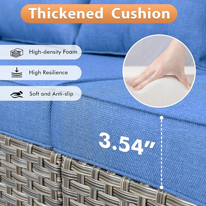 Outdoor Patio Furniture Sets, 8 PCS Patio Conversation Set Outside Rattan Sofa with 54 in Fire Pit Table Comfy Cushions Fit Backyard Porch Garden Poolside Balcony,Diamond Blue