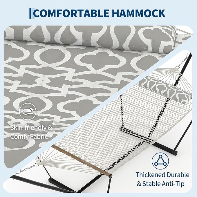 Heavy Duty Double Hammock with Stand & Soft Pillow, 450 LBS Weight Capacity - Padded Portable Cushion Hammock for Indoor Outdoor Patio Backyard Garden Camping