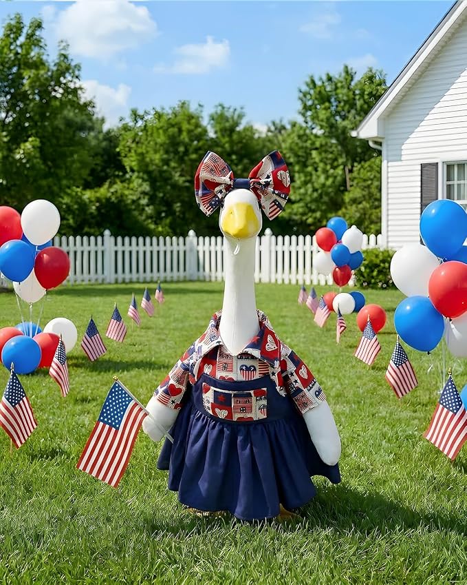 4th of July Porch Goose Outfit with Flag & Bow, 23" Patriotic Lawn Cement Goose Clothes for Independence Memorial Day, US 250th Anniversary Decoration, Best Gift for Mom Grandma