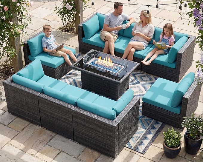 NICESOUL Extra-Large 9 Pcs Outdoor Patio Furniture Set with Fire Pit Table Natural Gas/Propane, 29.3'' High Back Deep Wide Modular Sofa Conversations with Fireplaces, 2 Color Cushion Teal Blue & Grey