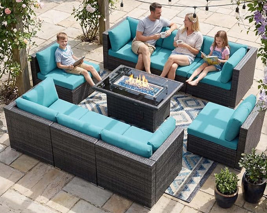 NICESOUL Extra-Large 9 Pcs Outdoor Patio Furniture Set with Fire Pit Table Natural Gas/Propane, 29.3'' High Back Deep Wide Modular Sofa Conversations with Fireplaces, 2 Color Cushion Teal Blue & Grey