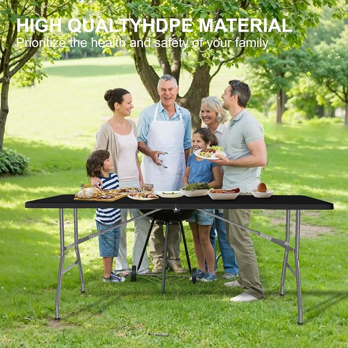 10PK Black Folding Table, 6FT Portable Plastic Folding Table, Foldable Dining Tables with Carrying Handle for Party, Picnic, Camping, Easy to Fold and Storage, for Indoor or Outdoor Use