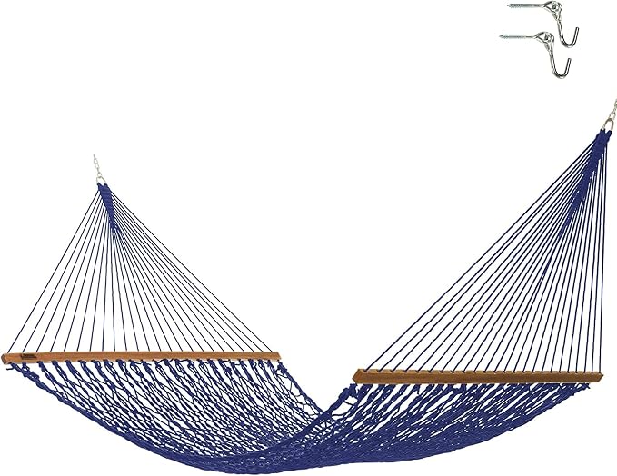 Hatteras Hammocks Executive Navy DuraCord Rope Hammock – 13 ft. x 65 in., 2-Person, 450 lb Capacity, Cumaru Spreader Bar, Zinc-Plated Hardware – Handcrafted in The USA