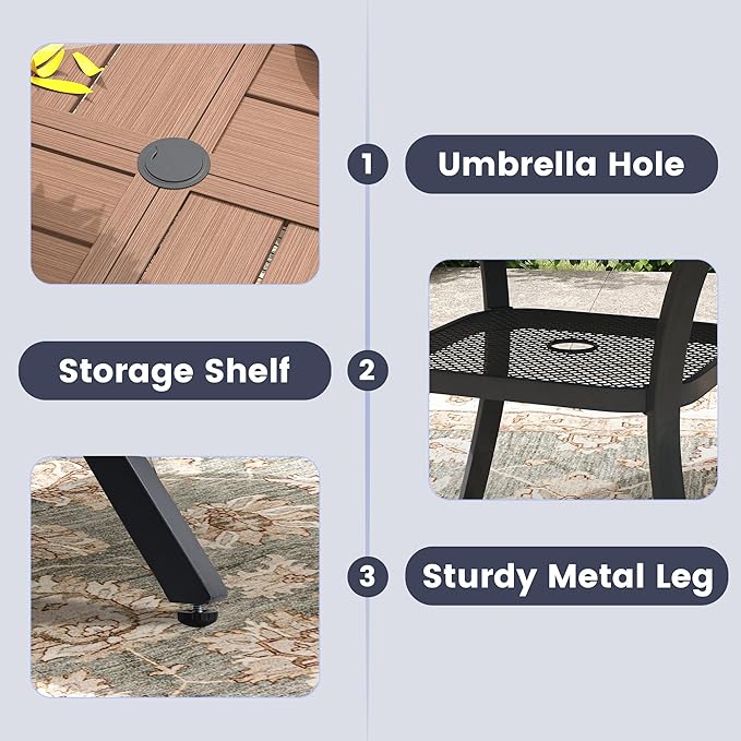 VICLLAX Round Outdoor Patio Dining Set for 4, Metal Slatted Patio Table with Umbrella Hole and 4 Stackable Patio Chairs for Deck Lawn Garden, Brown Fabric and Walnut Tabletop