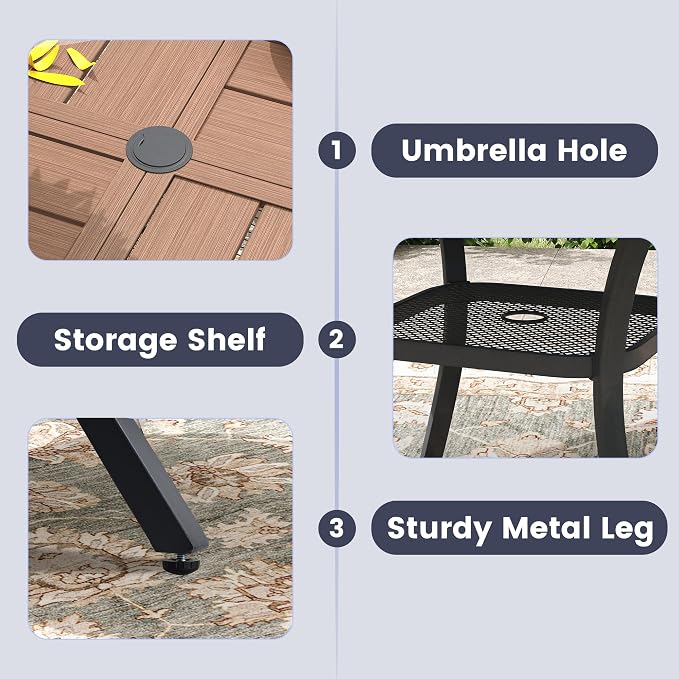 VICLLAX Round Outdoor Patio Dining Set for 6, Metal Slatted Patio Table with Umbrella Hole and 6 Stackable Patio Chairs for Deck Lawn Garden, Brown Fabric and Walnut Tabletop