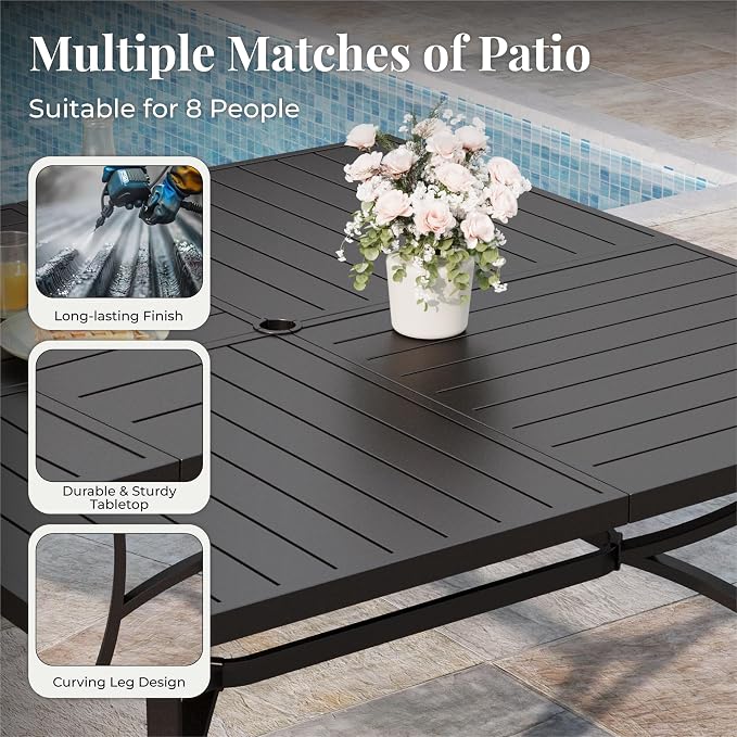 MIXPATIO 9 Pieces Patio Table and Chairs Set, Patio Dining Set for 8, 8 Brown Textilene Chairs and 57.5“ Large Square Patio Dining Table with Umbrella Hole, for Deck Backyard Lawn Poolside