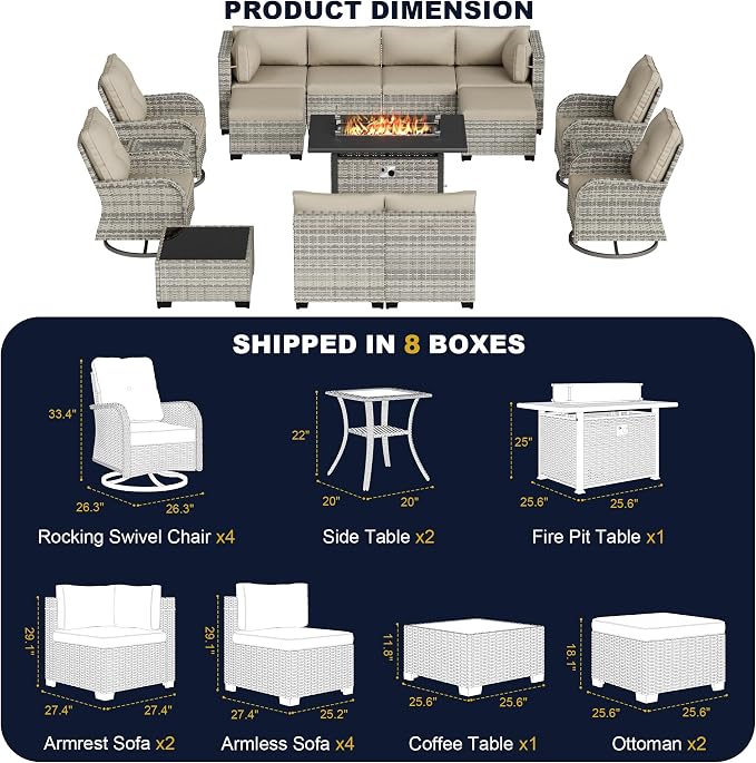 16-Piece Outdoor Patio Furniture Set with Rocking Swivel Chair, Wicker Rattan Sectional Sofa Conversation Set with 55,000 BTU Fire Pit Table with Ottomans, Backyard Furniture, Beige