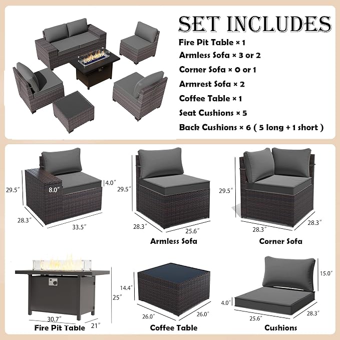 Gotland 7 Pieces Patio Furniture Set with 55000BTU Fire Pit Table, Wicker Patio Set with Wide Armrests 29.5'' High Backrest Thick Cushions 1 Coffee Table, Outdoor Furniture for Porch Deck Gray