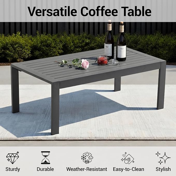 4-Piece All-Weather Metal Patio Furniture Set, Sectional Conversation Sofa w/Coffee Table, Heavy Duty Steel Frame & Washable Cushions for Backyard Garden (Khaki, Furniture Set（Straight）)