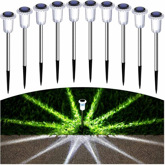 10 Pack Solar Pathway Lights Outdoor Waterproof, Cool White LED | Solar Lights Outdoor for Yard Garden Outside Walkway Driveway Landscape Lighting, Auto On/Off Stainless Steel Stake Lights