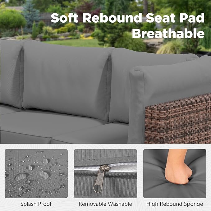 LHBcraft 7 Pieces Outdoor Wicker Rattan Patio Furniture, Wicker Rattan Outdoor Sectional Sofa Set with Coffee Table & Grey Cushions for Garden