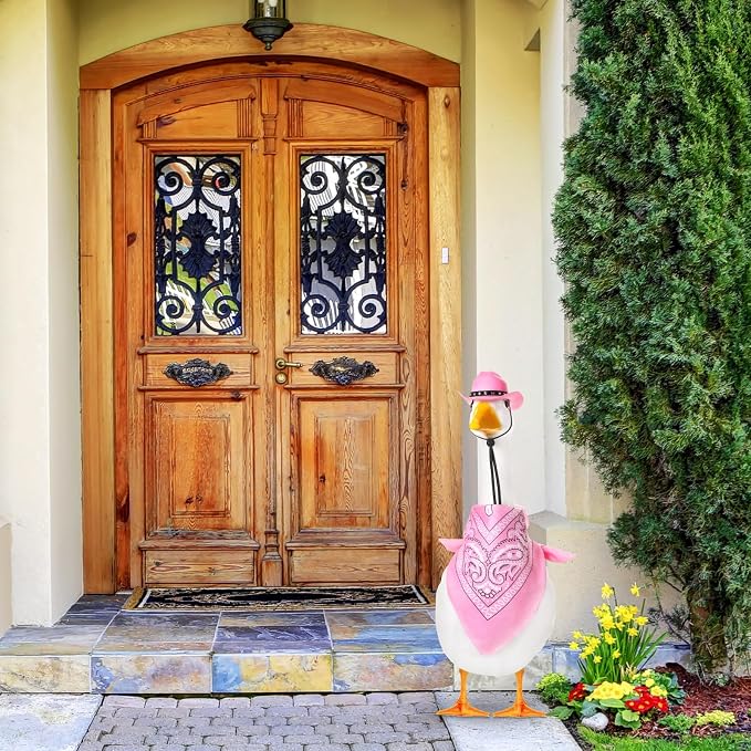 Shyyween Western Cowboy Porch Goose Outfits for 23"/ 17'' Lawn Cement Goose Statue Clothes Cowboy Hat with Bandana Scarf(Pink)