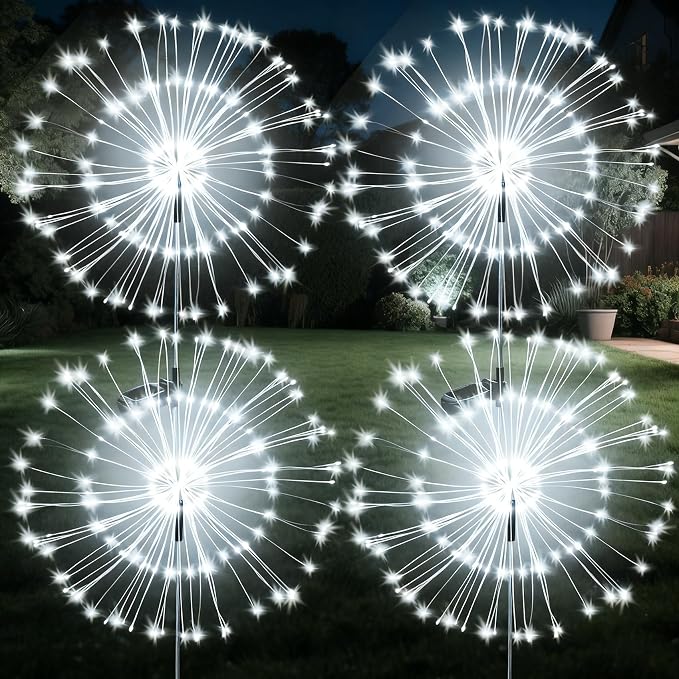 Solar Firework Lights, 4 Pack 120 LEDs 2 Lighting Modes Solar Garden Lights Outdoor Waterproof for Yard Patio Walkway Pathway Party Wedding Christmas Decorative - White
