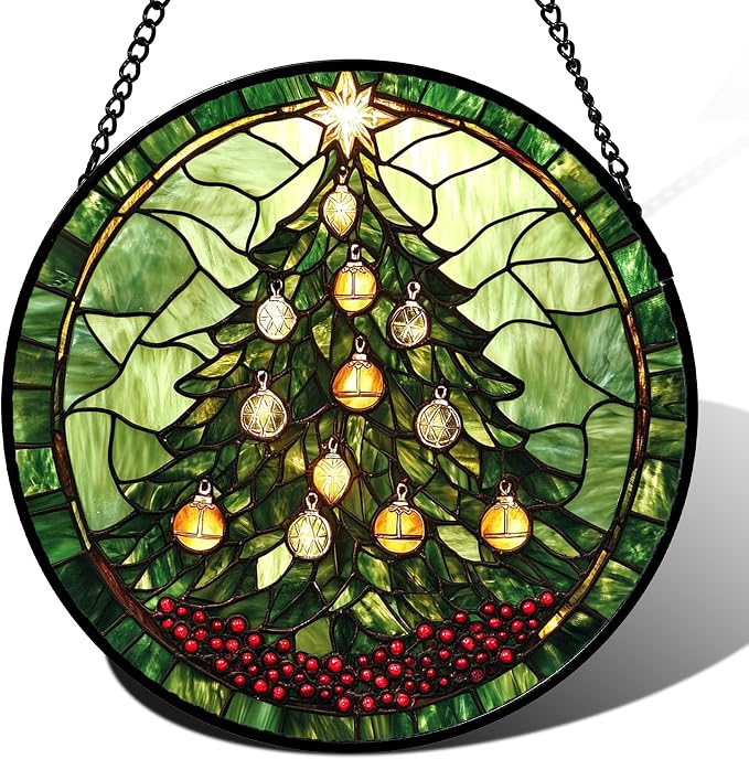 DASTOLL Stained Glass Window Hanging - Green Christmas Tree Golden Bells Suncatcher for Doors Home Christmas Decoration Sun Catcher Thanksgiving New Year Birthday Gift for Women Men Mom Nana 9.8 in