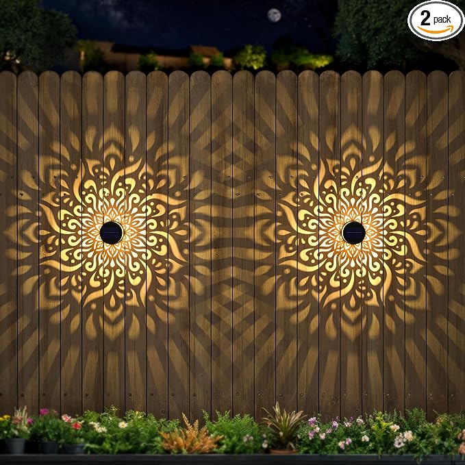 2 Pack Large Solar Fence Lights Metal Solar Powered Outdoor Wall Deck Step Lights Mandala Theme Waterproof Fence Light for Garden Post Patio Backyard Yard Decor, Gardening Gifts for Women Mom Grandma