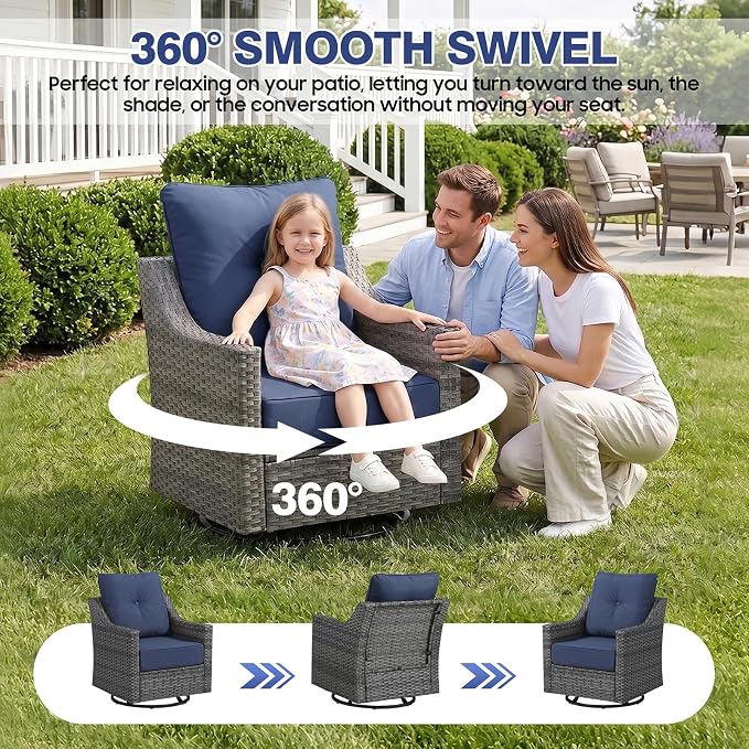 6 Piece Patio Furniture Set with Fire Pit,360°Swivel Patio Chairs Set of 2, Outdoor 2 Sofas,Side Table,Cozy 60,000 BTU Rectangle Fire Pit Table, Wicker Patio Sets with 6 Inch Thick Cushions