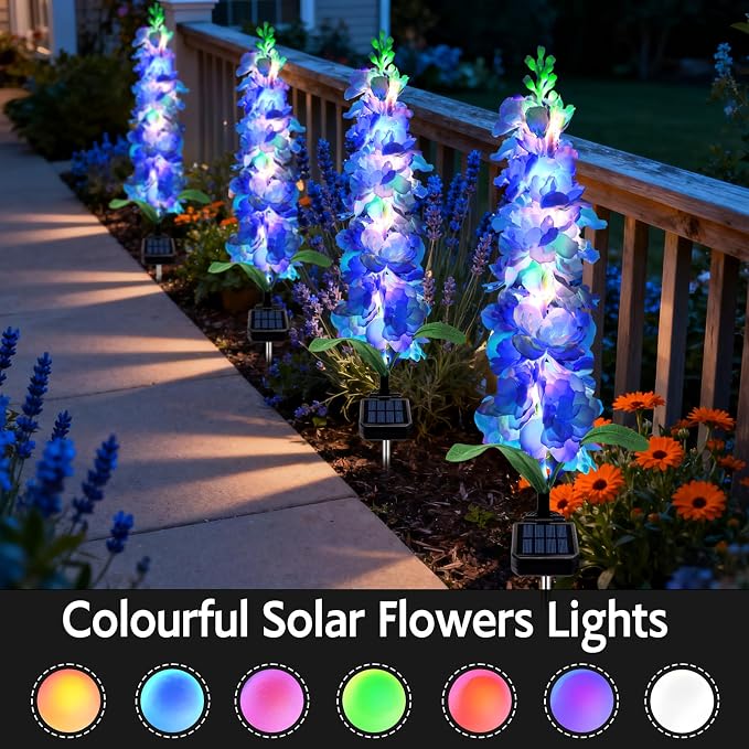 MRHEPHAESTUS Solar Garden Lights, Solar Blue Delphinium Flowers Lights 4 Pack 80 LEDs, Waterproof Outdoor Light Two Lighting Modes for Outside Wedding Party Garden Yard Patio Lawn Decor