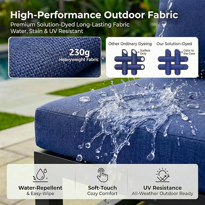 RADIATA 9 Piece L Shaped Contemporary Aluminum Outdoor Furniture Set with Firepit, 29 inch Deep Wide Large Couch Set, 500 lbs High Weight Capacity Modular Patio Sectional Sofa for Exterior, Navy Blue