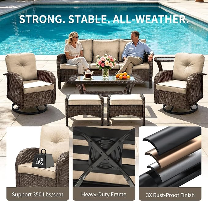 SHGJ&SOFT All Weather Patio Furniture Set, High Back Swivel Rocker Glider Chairs，Ottomans & Glass Tables, Outdoor Conversation Set for Deck Porch Yard Poolside (Brown, 2PCS-Sofa&Table)