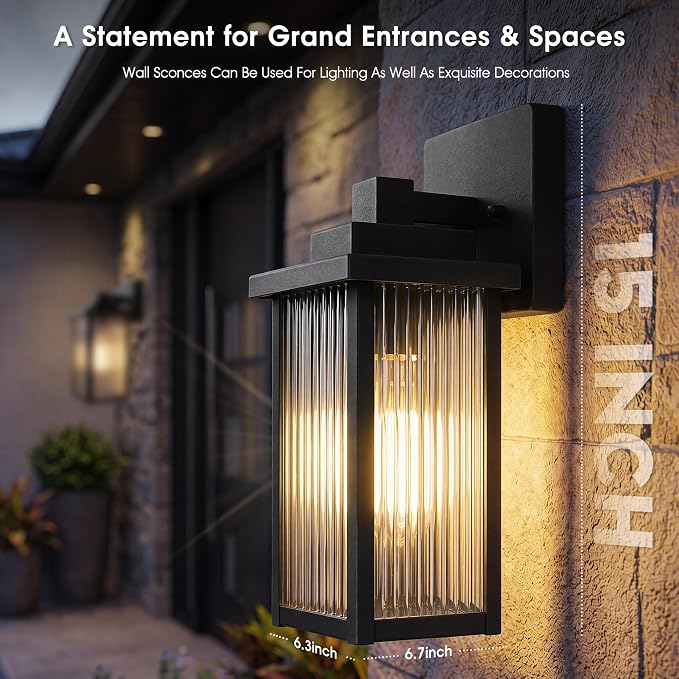 15-Inch Matte Black Outdoor Wall Light, All-Metal Frame Porch Light | Textured Glass Softens Glare, Stays Bright. Waterproof Rust-Resistant Metal. Pre-Assembled DIY Install on Porch, Garage